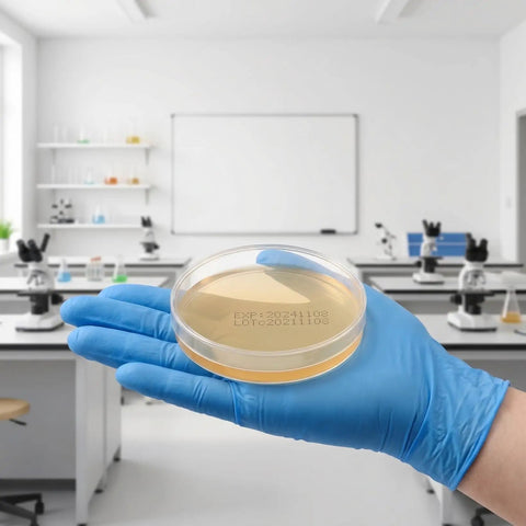 Gloved hand holding Ready To Use Prepoured Sterile Petri Dishes 70mm With Nutrient Agar And Lids Individually Wrapped in a lab.
