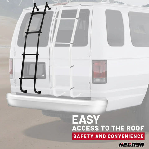 Rugged Lightweight Aluminum Ladder Rack For Ford E Series Vans And Chevy GMC Vans With Black Ladder Hook Durable Roof Carrier Weatherproof Finish Easy Install Beefy Strength Construction rear-mounted roof access ladder on van