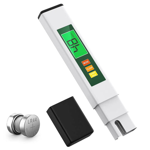 Four In One TDS Meter Digital Water Tester For Drinking Water EC And Temperature Readouts 0-9990ppm Portable On The Go Home And Travel Water Quality Checker White And Green Display with backlit screen and accessories.