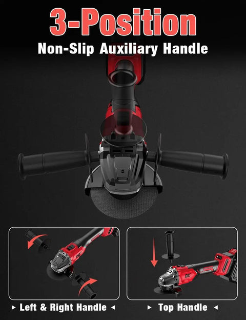 Built Tough As Nails Cordless Angle Grinder Featuring A Brushless Motor And Ten Thousand Rpm Speed On Four Point Five Inch platform with 3-position non-slip auxiliary handle.