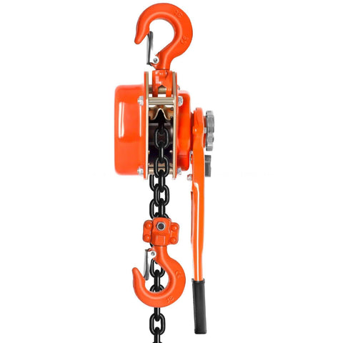 Side view of Beefy 6600 Lbs Capacity Lever Chain Hoist With 10 Ft Chain Come Along Double Pawl Brake in orange, showcasing G80 chain.