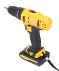 Rugged 21V Cordless Drill And 3 In 1 Impact Driver Kit Featuring Straight Shooting Accuracy Up To 1280 Rpm with black and yellow design.