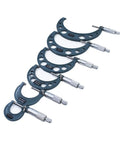 Six Pack Outside Micrometer Set 0 To 6 Inches With 0.0001 Inch Precision laid out in size order on a white background.