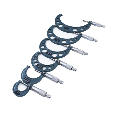 Six Pack Outside Micrometer Set 0 To 6 Inches With 0.0001 Inch Precision laid out in size order on a white background.