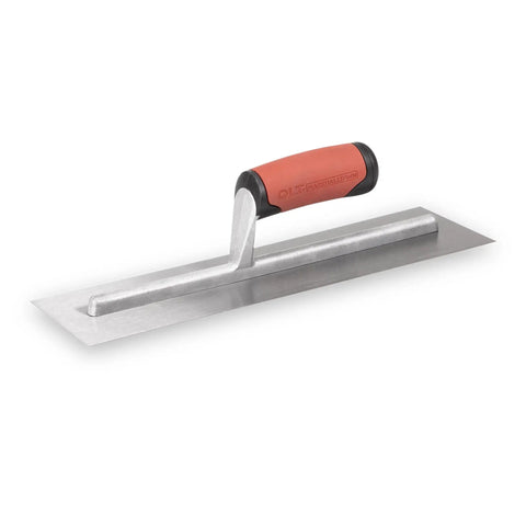 QLT Concrete Finishing Trowel with Soft Grip Handle, 14x4 inch Carbon Steel Blade, angled view on white background.