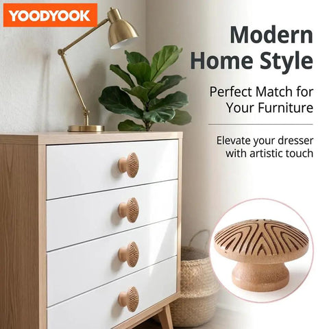 Handmade Boho Wood Cabinet Knobs 4 Pack Dope Mushroom Round Pulls with M4 Screws on modern dresser with plant and lamp