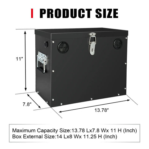 Heavy Duty Rock Solid Group 27 Steel Battery Box With Lock Secure Cover For RV Marine Rig Road Ready Power Rack Mount Black Powder Finish dimensions 14 L x 8 W x 11.25 H inches
