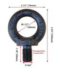 Front view of 12.9 Heavy Duty Lifting Eyebolt For Trucks And Trailers Beefy 6 Ton Working Load Limit Thirteen Sixteenth Inch Eye Industrial Grade Forged Steel DIN580 M20 Size For Towing And Pulling Point 42CrMo Alloy Steel Forged Hardware, showing dimensions and thread details.