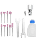 Air Powered Pencil Die Grinder Kit for One Hand Use Micro Polishing and Engraving Tool accessories set, including bits, wrenches, and oiler.