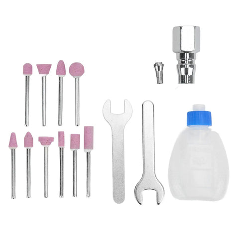 Air Powered Pencil Die Grinder Kit for One Hand Use Micro Polishing and Engraving Tool accessories set, including bits, wrenches, and oiler.