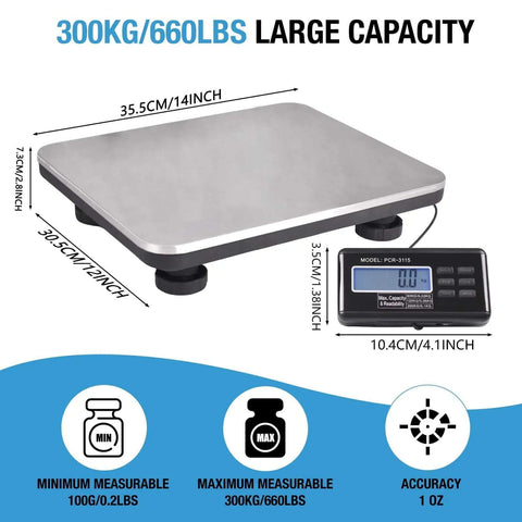 Beefy 660 Pound Postal Shipping Scale With 14 By 12 Inch Stainless Platform LCD Backlit Display shown on a blue background