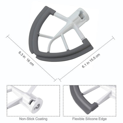 Flex Edge Beater Attachment for Tilt Head Mixers, 4.5-5 Quart Nonstick Metal Paddle With Scraper shown with dimensions