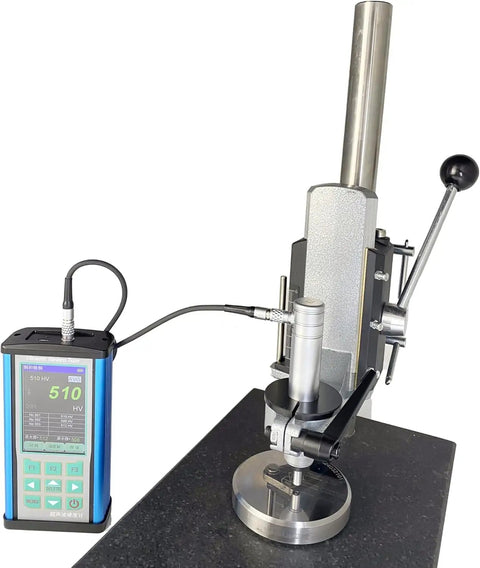 Solid Gold Portable Ultrasonic Hardness Tester With Robust Stand And Precision Probe measuring hardness on metal surface with digital display.