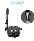 Rocker Camera Plate System With Flat Base Mount for heavy video setups showing 3/8"-16 screws and close-up of dual friction knobs.