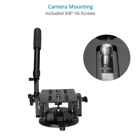 Rocker Camera Plate System With Flat Base Mount for heavy video setups showing 3/8"-16 screws and close-up of dual friction knobs.
