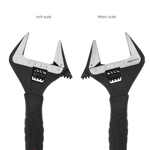 8 Inch Adjustable Plumbing Wrench With Soft Grip Wide Jaw And Metric Scale For Auto Repair And Plumbing Tasks Drop Forged Cr V Steel Corrosion Resistant Finish Bi Color Soft Grip Handles Slim Head showing inch and metric scale