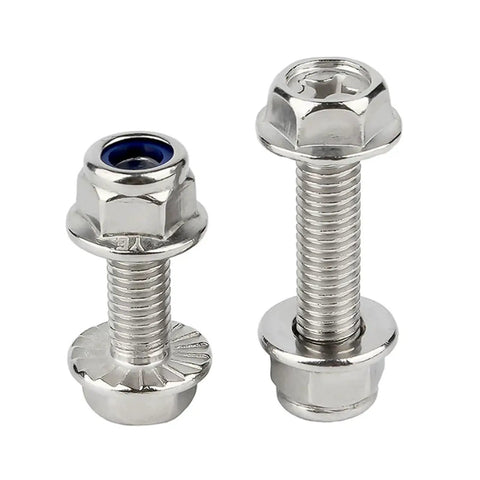 M6 Cross Flange Bolts Kit With Serrated Washers That Grip And Anti Loosening Nuts 304 Stainless Steel M6x30 close-up