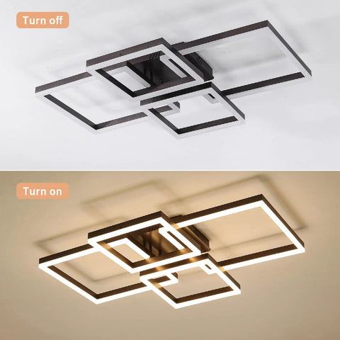 Modern Dimmable LED Flush Mount Ceiling Light 2x2 Square Acrylic Lamps For Living Room Dining Room Bedroom Kitchen 3000K To 6000K Warm To Cool White Finish, shown in off and on states, showcasing acrylic frame design.