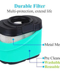 Durable washable reusable air filter with metal mesh and pre cleaner for extended engine life and multi-protection.