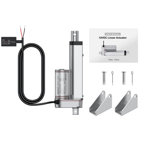 Justech 12V linear actuator with mounting brackets, 100 mm stroke, 160 LBS, silver body with black wiring