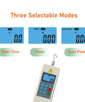 Digital Force Gauge 500N Push Pull Tester With 5 Modes, 3 Displays, Tension And Compression Meter For Newton, Kilogram, And Pound, Custom Gravity Setting For Dead Accurate Measurements, shown with three selectable modes