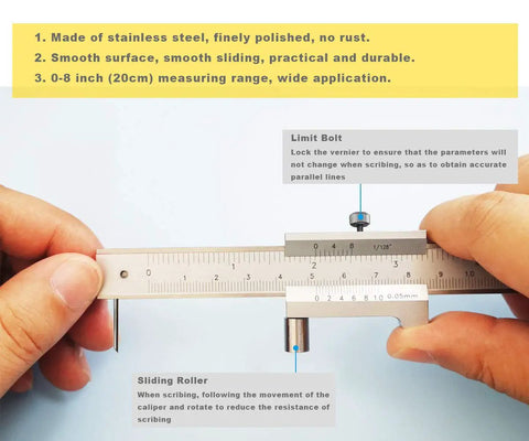 Hands using Parallel Crossed Caliper 0-20 Centimeters (0-8 Inches) With Two Carbide Scriber Needles, Stainless Steel Vernier Caliper And Marking Gauge.