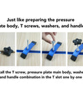 Assembly of Woodworking T Slot Clamp Set In Aluminum T Track showing installation of clamp, screw, and handle in T slot
