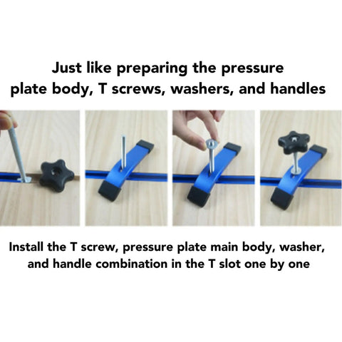 Assembly of Woodworking T Slot Clamp Set In Aluminum T Track showing installation of clamp, screw, and handle in T slot