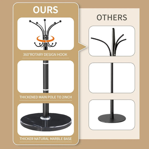 Heavy Duty Metal Coat Rack Stand With Marble Base Freestanding Hall Tree With 360 Degree Rotating Hooks 16 Hook Black Entryway Organizer