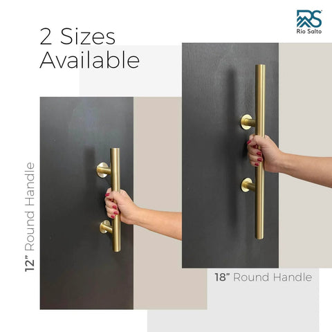 Dope 12 Inch Brushed Brass Gold Barn Door Handle Kit With Solid Aluminum Pulls And Flush Handles Heavy Duty Sliding Door Hardware 1 Door Pack Includes Screws And Protective Pads, showing 12 and 18 inch round handles on a black door.