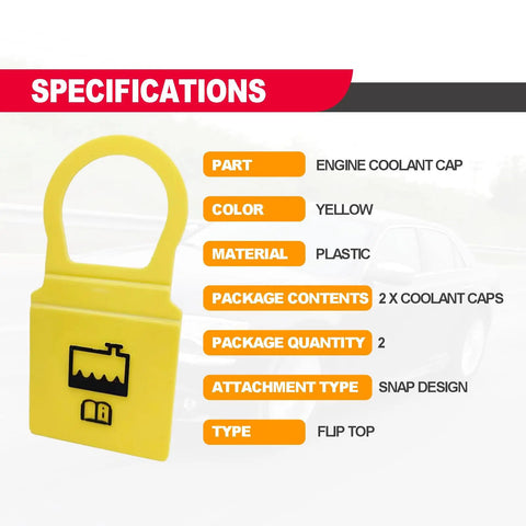 Yellow 2 Pack Engine Coolant Reservoir Cap for Jeep Dodge Ram Chrysler Fits Most TJ XJ KJ WJ Models and Dodge Ram 2012 2015 CV Engines Durable Plastic Easy Install No Fuss Leak Proof High Visibility Seal close-up with specifications