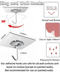 Clear square-shaped self adhesive hook installed on ceiling, measuring 2.36x2.36 inches, description of its 50 lb weight capacity
