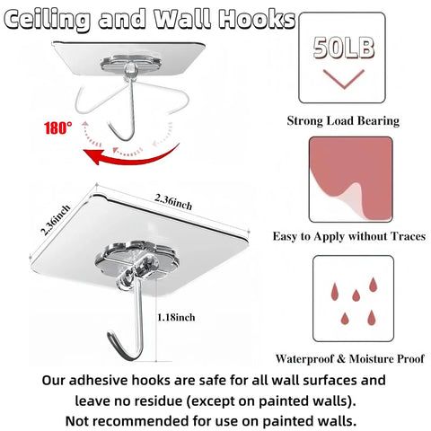 Clear square-shaped self adhesive hook installed on ceiling, measuring 2.36x2.36 inches, description of its 50 lb weight capacity