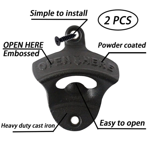 Badass Wall Mounted Beer Bottle Openers Heavy Duty Cast Iron Essential Gear No Sweat Cracking Open Cold Pints Sweet Man Cave Bar And Garage Decor Black Pack Of Two - close-up view of embossed design and screw.