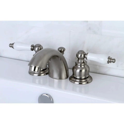 Vintage Victorian Mini Spread Lavatory Faucet in Brushed Nickel, Solid Brass, Deck Mount, 4 To 8 Inch Center, Traditional Design