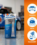 Permatex Anti-Seize Lubricant tube, 1 oz, blue and white packaging with Permatex logo.
