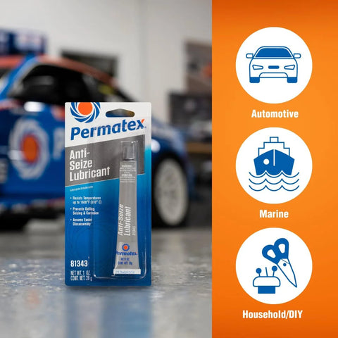 Permatex Anti-Seize Lubricant tube, 1 oz, blue and white packaging with Permatex logo.