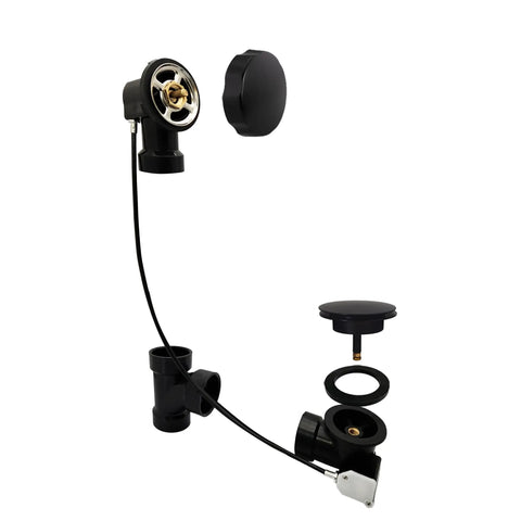 Heavy Duty Abs Bath Drain Trim Kit Featuring Cable Driven Pop Up Stopper With Rotary Overflow Knob in matte black.