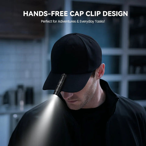 M70 EDC Flashlight 1100 Lumens USB C Rechargeable Pocket Light With Clip in use on cap for hands-free lighting
