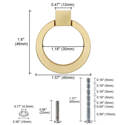 Brushed Gold Cabinet Ring Pulls 4 Pack Zinc Alloy Drawer Pulls Hardware dimensions and screw sizes