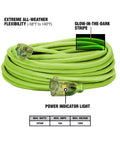 Coiled Heavy Duty Indoor Outdoor Extension Cord 50 Ft 14/3 AWG SJTW with Lighted Plug, glow-in-the-dark ZillaGreen, power indicators visible