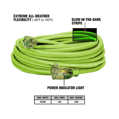 Coiled Heavy Duty Indoor Outdoor Extension Cord 50 Ft 14/3 AWG SJTW with Lighted Plug, glow-in-the-dark ZillaGreen, power indicators visible