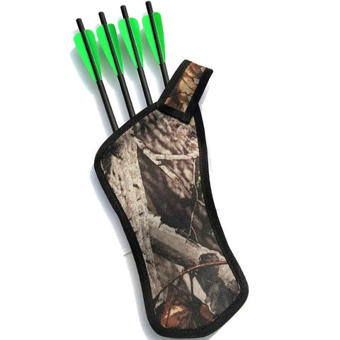 Carbon Crossbow Bolts Set With Screw On Tips And Quiver For Hunting And Target Shooting, arrows in camo quiver with green vanes