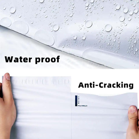 White Poly Mailers 12x15.5 Inches, 500 Pack, Self Sealing Shipping Envelopes shown with water droplets for waterproof test.