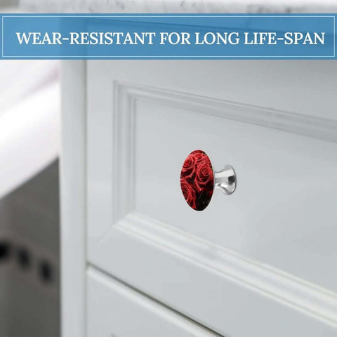 Red Rose Round Cabinet Pulls 1.1 Inch Hole Center Stainless Steel Knobs on dresser drawer, close-up view, with text.