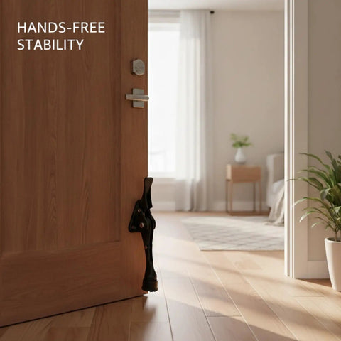 Foot Operated Door Stop For Hands Free Entryway Access, Zinc Alloy Floor Holder in home setting, keeping door open