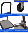 Foldable Platform Cart 330 Lb Load Capacity With 360 Degree Swivel Silent TPR Wheels Heavy Duty Steel Flatbed Dolly Collapsible Hand Truck For Warehouse Office Garage Blue, blue steel frame and wheel detail