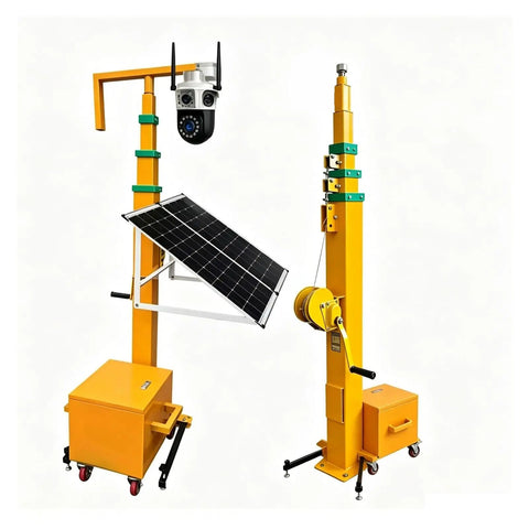 Grab And Crank Portable 3 To 9 Meter Manual Telescopic Mast with solar panel and camera setup for RV use.