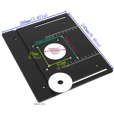 Built Tough Aluminum Router Table Insert Plate And Portable Woodworking Bench Flip Plate Kit with measurements and holes visible.