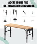 Accessories and installation instructions for Heavy Duty Height Adjustable Workbench Frame Built Like A Beast Featuring Quick Connect AC And Dual USB Ports.